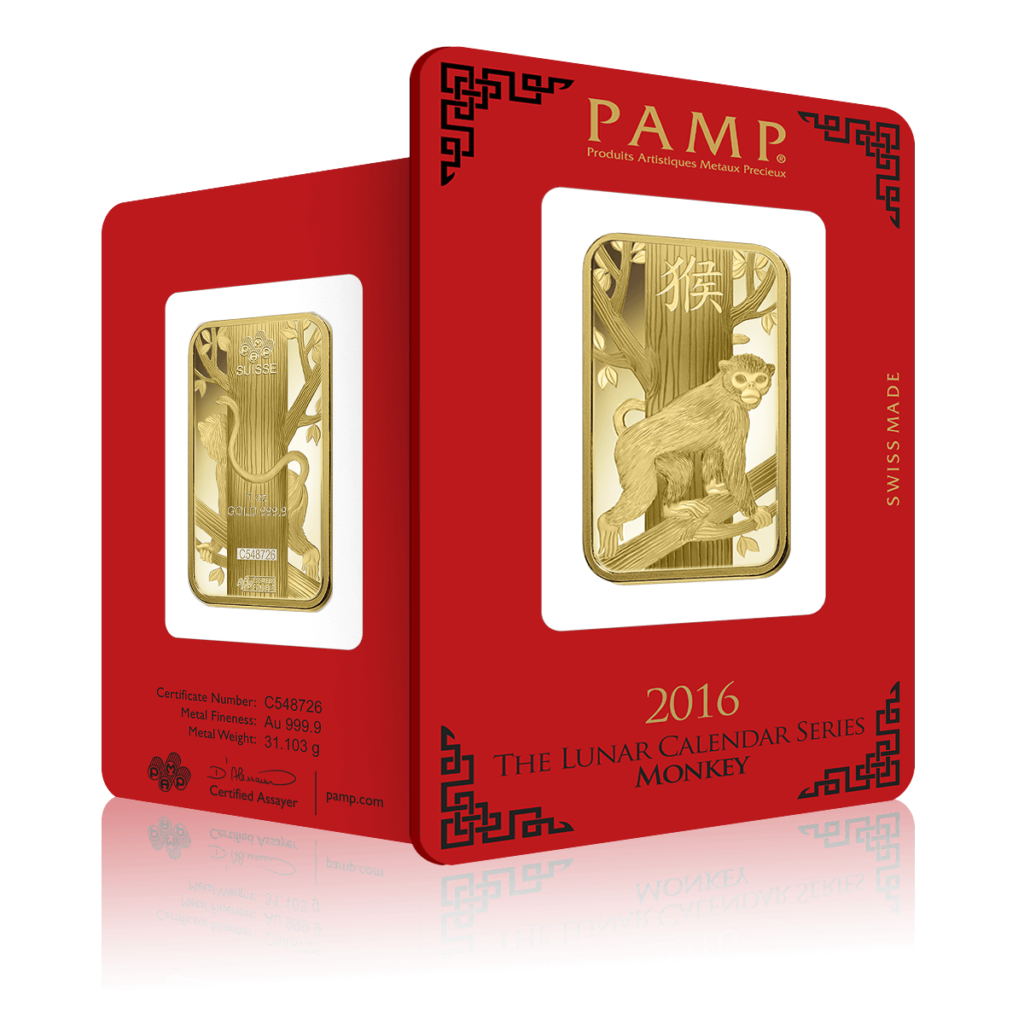 1oz PAMP Lunar Year of the Monkey Gold Bar (2016)