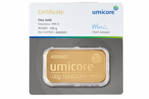 100g Umicore Investment Gold Bar (999.9)