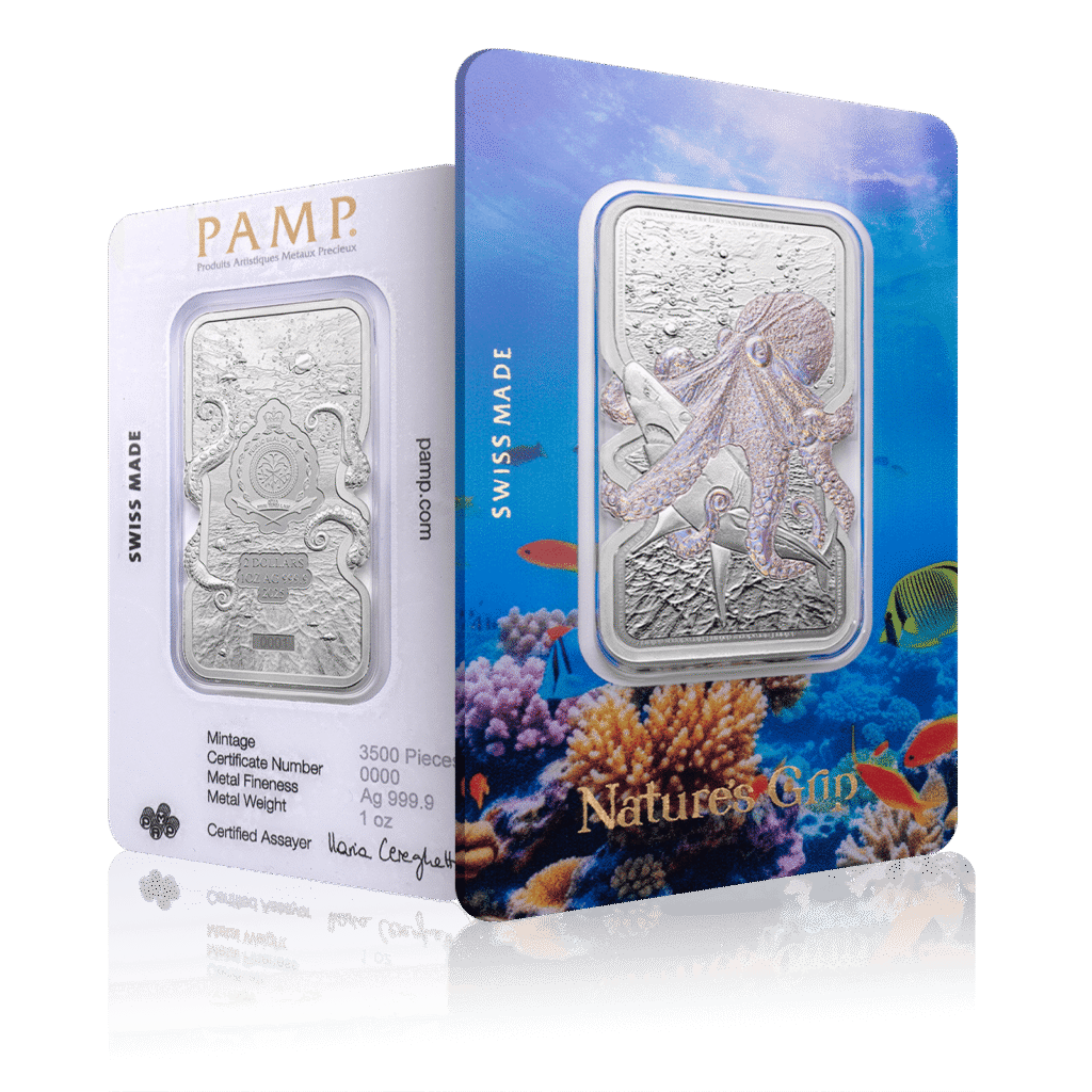 1oz PAMP Silver Nature's Grip Bar Pacific Octopus