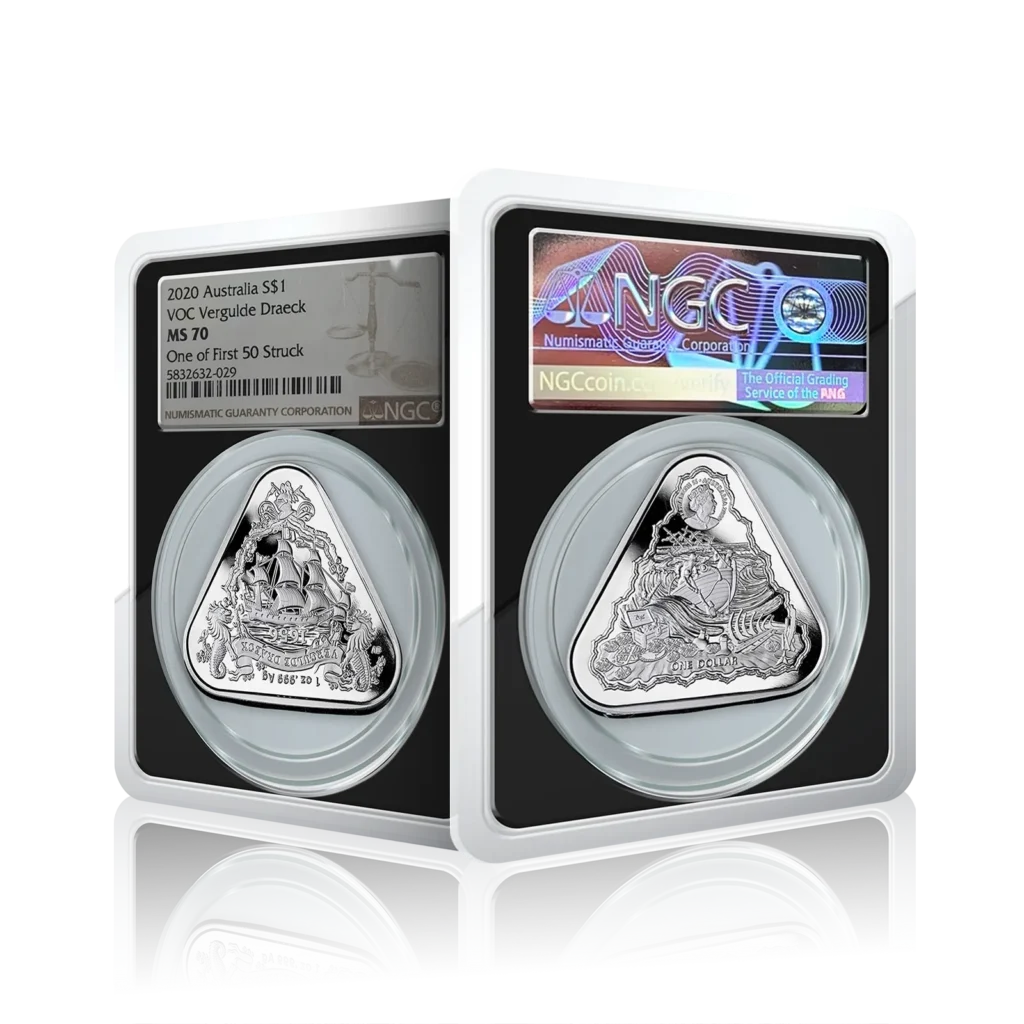 1 Oz Silver Triangle Australia VOC Vergulde Draeck (NGC Graded-MS70)